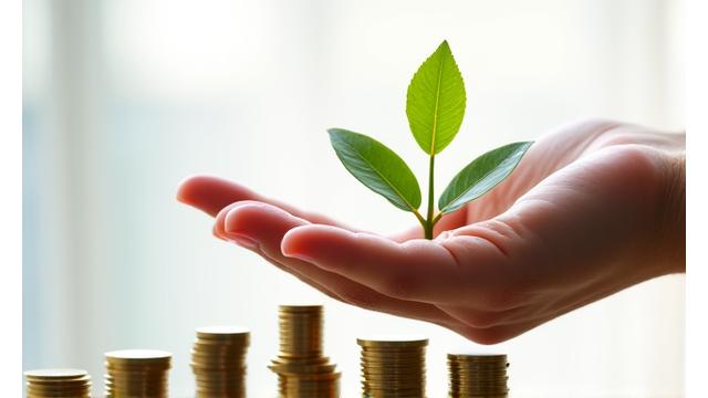 Mano sosteniendo una planta pequeña creciendo de monedas, simbolizando crecimiento de ahorro.