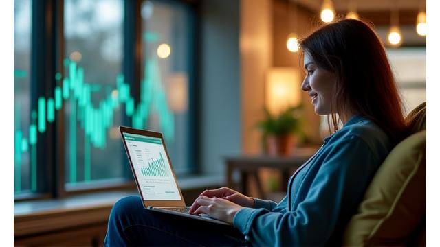 Persona trabajando en un portátil con dinero fluyendo en segundo plano, simbolizando ingresos pasivos.