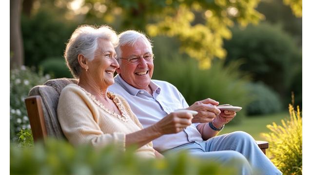 Pareja mayor sonriendo y relajándose en un jardín, simbolizando jubilación tranquila.
