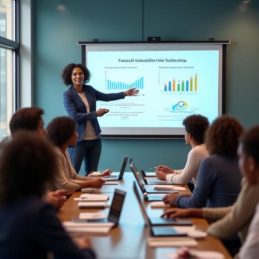 Un grupo de personas participando en un taller, con un facilitador usando una pizarra digital y compartiendo gráficos financieros.