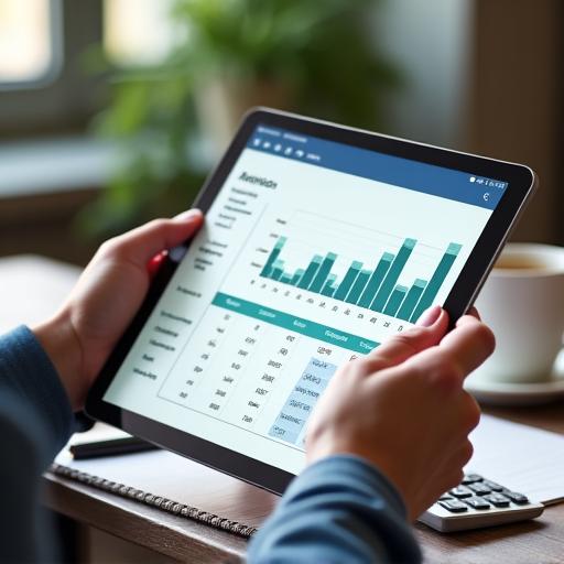 Una persona revisando un presupuesto en una tablet con gráficos y calculadora, sobre una mesa con una taza de café