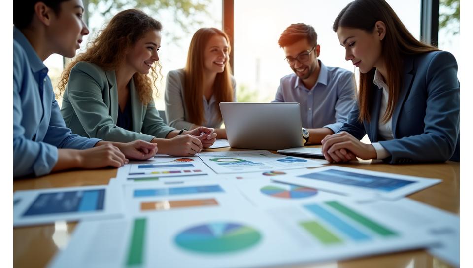 Diversas personas colaborando y analizando gráficos financieros, representando la variedad de servicios de Finanzas Claras.