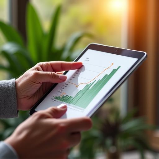 Manos de dos personas mayores, una de ellas señalando un gráfico de crecimiento en una tablet, con un fondo verde y plantas